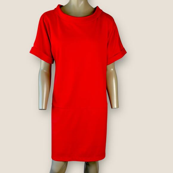 AGB Short Raglan Sleeve Foldover Boat Neck Ponte Stretch Shift Dress Size 10 Red - Picture 1 of 14